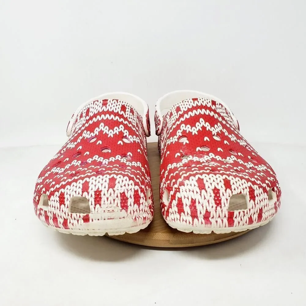 Crocs Holiday Clog Shoes Mens 12 Red White Knit‎ Ugly Christmas Sweater